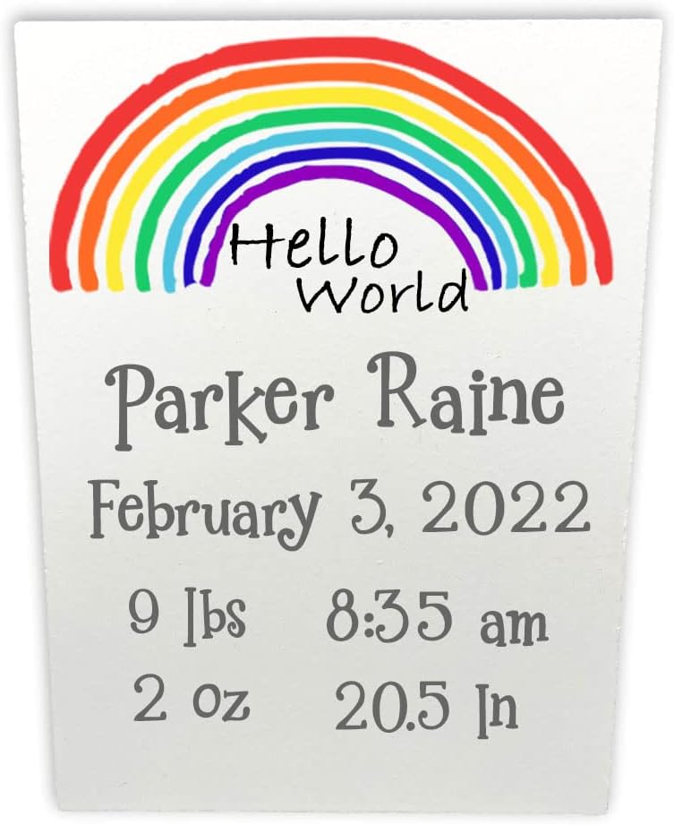 Personalized Rainbow Baby Birth Announcement Plaque - Hello World Wooden Sign with Newborn Custom Name