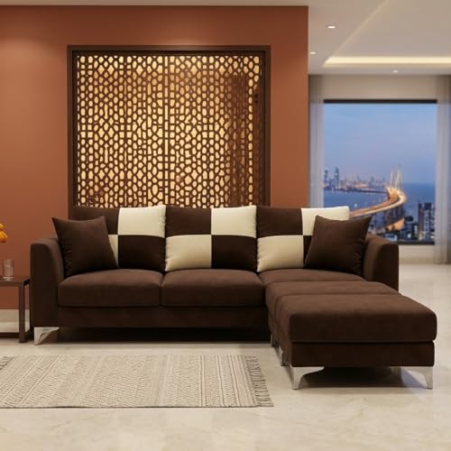 Image of Juliet 4 Seater L Shape Sofa Set with Movable Ottomans | Flexible Layout | Rich Velvet Suede Fabric | Silver Legs | Modern Sofa for Living Room (Dark Brown)
