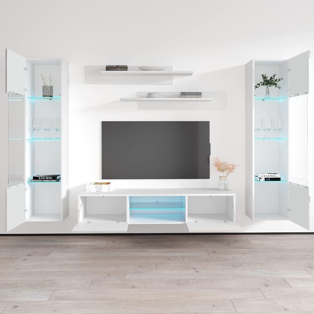 Meble Furniture Fly AB2 33TV Stand Wall-Mounted Entertainment Center — Floating Modern TV Console with Storage Shelves and LED Lights, 65.4 x 15.7 x 18.1 in — White