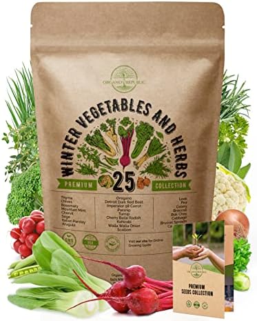 25 Winter Vegetable & Herb Garden Seeds Variety Pack for Planting Outdoors & Indoor Home Gardening 5000+ Non-GMO Heirloom Veggie Seeds Broccoli Beet Carrot Cabbage Radish Pea Mint Thyme Parsley & More