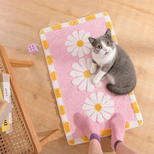 Image of Home Decor Multicolor Anti Skid Bath Mat for Bathroom, Anti Slip Bath mat, Non Slip Bath mat Door mat for Bathroom, Living Room Kitchen Bedroom (Pink & White F;ower)