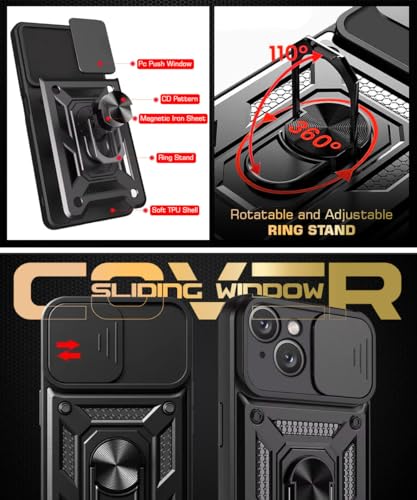 Image of WOW IMAGINE Tough Armor Bumper Mobile Back Case for iPhone 14 | Sliding Camera Shield Cover | Shock Proof 360 Protection | Hybrid PC + TPU | Ring Holder with Kickstand - Black