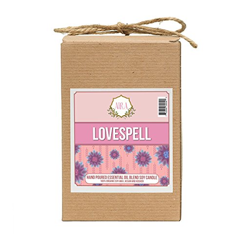 Aira Soy Candles - Organic, Kosher, Vegan, In Mason Jar W/ Therapeutic Grade Essential Oil Blends - Hand-Poured 100% Soy Candle Wax - Paraffin Free, Burns 110+ Hours - Love Spell -16 Ounces #TOP3