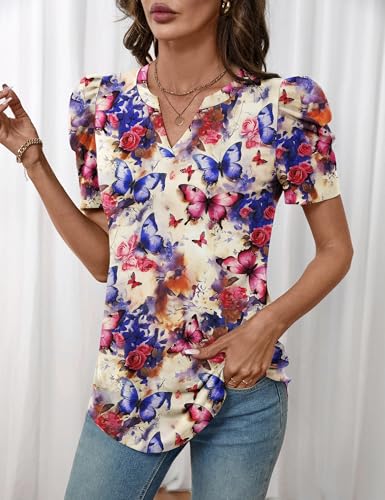 Image of LOMON Spring Summer Tops for Women 2026 V Neck Puff Short Sleeve Tops Fashion Trendy Work Blouses Dressy Casual S-XXL