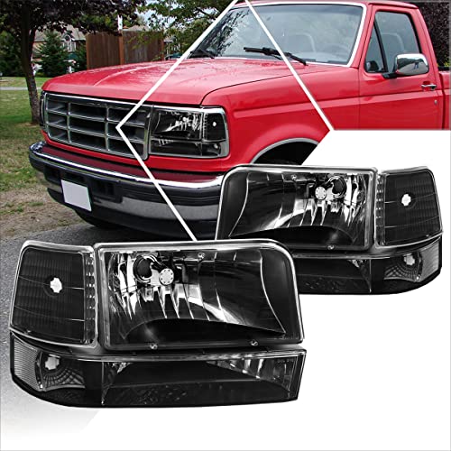 [6Pcs] Headlights+Bumper Lamps Assembly Compatible with 92-96 Ford F150-F350/Bronco,Black Housing Clear Lens