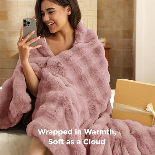 Bedsure GentleSoft Fluffy Faux Fur Blanket Twin Size, Fuzzy Soft Bubble Blanket for Couch, Home Decor Gifts for Bedroom Living Room, Thick Furry Cozy Gifts for Women, Dusty Rose, 60x80 Inch