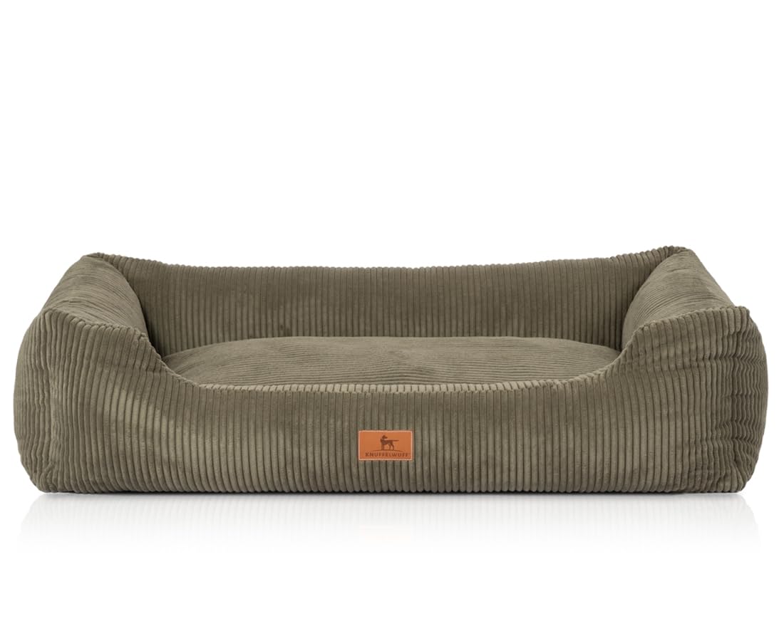 Knuffelwuff Hundebett aus Cord mit Handwebcharakter Olivia XL 105 x 75cm Khaki - Abnehmbarer Bezug - waschbar - für große, mittelgroße und kleine Hunde