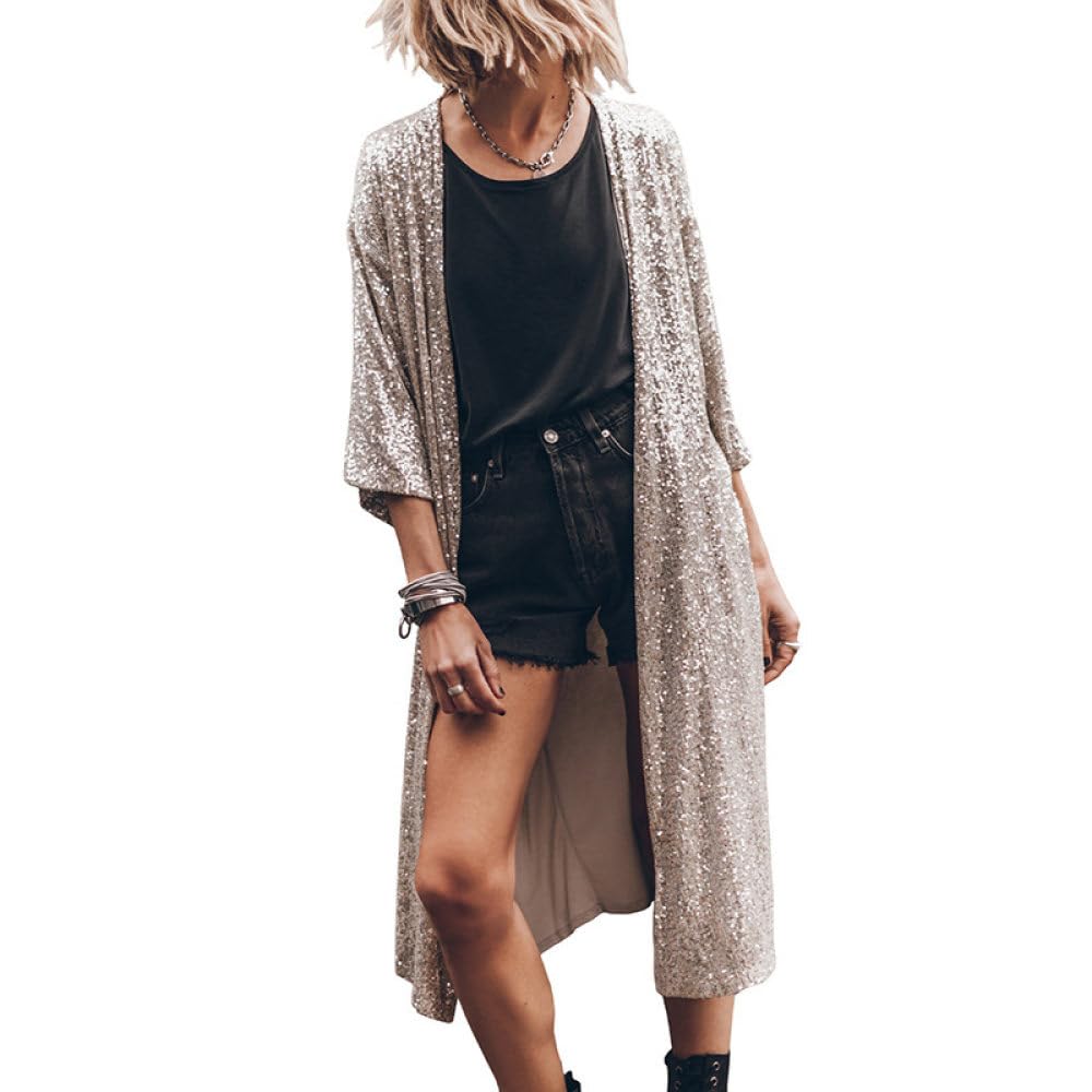 Damen Cardigan leicht glänzend mit Pailletten Kimono Cardigan lässig funkelnd vorne offen Schal Oberteil Art Deco Bolero Achselzucken Mantel Bikini Schalbluse