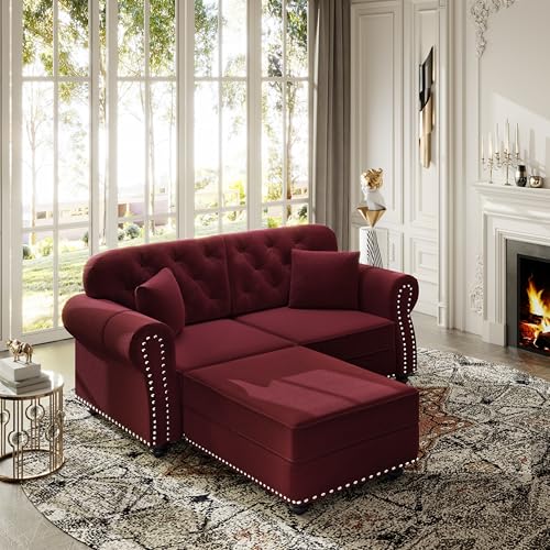 Image of KEIKI 63 inch Velvet Chesterfield Sofa with Rolled Arms & Nailhead Trim & 1 Ottoman, Modern 2-Seater Button Tufted Couch with High Resilience Cushion & 2 Pillow, Easy Assembly, for Living Room, Burgundy