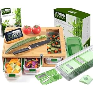 Bamboo Cutting Board with Containers/Trays and Locking Lid – Includes Built-in Grater and New Knife Sharpener- Stackable For Easy Storage, Food Prep