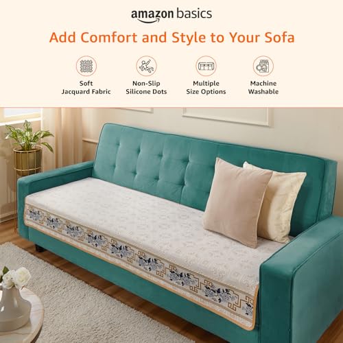 Image of Amazon Basics Jacquard Sofa Cover for Three Seater, Smooth Plain Weave, Non-Slip Sofa Pad, 70x180 cm, Soft Silicone Grip Dots, 100% Polyester, Machine Washable - Grey