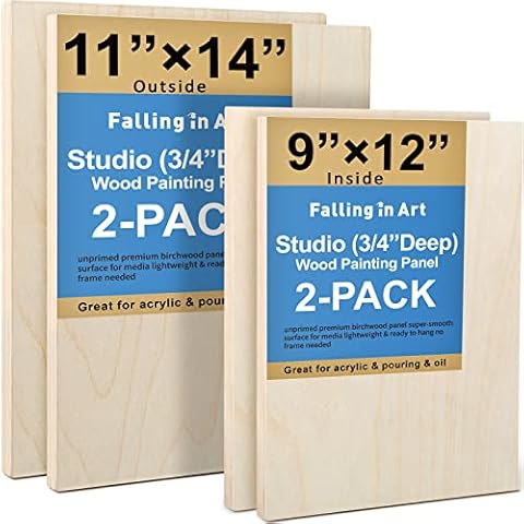 Falling in Art Unfinished Birch Wood Canvas Panels Kit, Falling in Art 4 Pack of 2 Sizes 11x14' and 9x12' Studio 3/4’’ Deep Cradle Boards for Pouring Art, Crafts, Painting, and More Cover