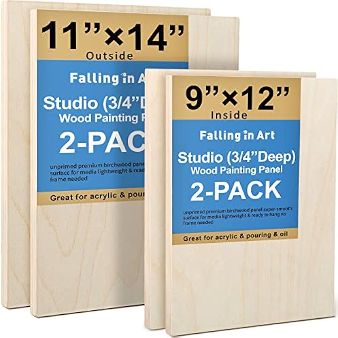 Falling in Art Unfinished Birch Wood Canvas Panels Kit, Falling in Art 4 Pack of 2 Sizes 11x14' and 9x12' Studio 3/4’’ Deep Cradle Boards for Pouring Art, Crafts, Painting, and More