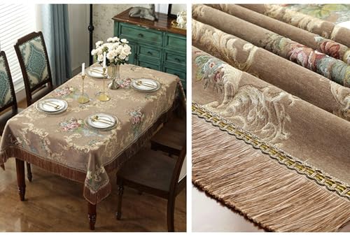 Nappe jacquard floral en chenille brune avec franges traditionnelles