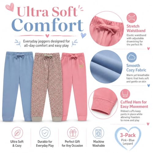 Image of BTween Kids Girls Fashion Stretch Waist Ultra Soft Jogger Pants Set 3 Pack Bundle