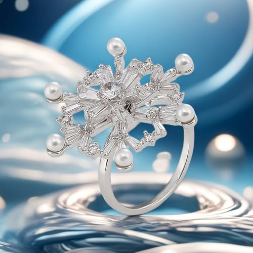 Spinner CZ Pearl Snowflake Fidget Statement Ring for Women - Dainty Crystal Winter Flower Rotated Relief Anxiety Finger Band Adjustable Open Wedding Engagement Promise Rings Delicate Christmas Jewelry4