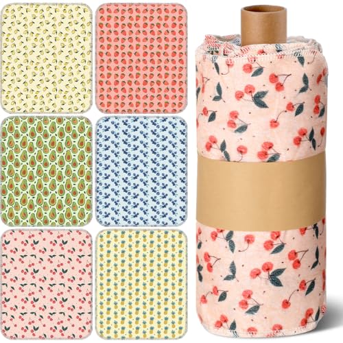 Image of Redbaker 30 Pcs Reusable Paper Towels Rolls Kitchen Towels Bulk Washable Paperless Cloth Cotton Hand Napkins with Cardboard Reusable Napkins for Kitchen Bathroom (Fruit Style)