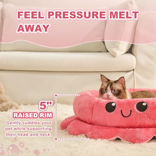 Jiupety Runde Hundebett Kleine Hunde, Hundebetten Rosa mit Octopus Form, Hunde Bett Waschbar, Donut Rund für Große, 61 cm Dog Bed Hundekorb Hundekörbchen, Rosa