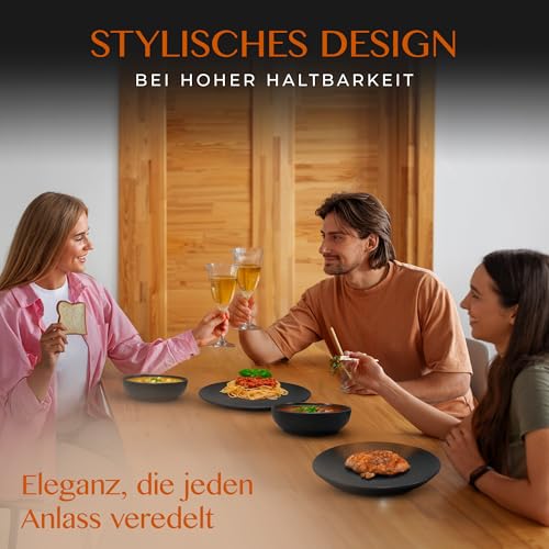 Mikawi 12-teiliges Geschirr-Set aus Steinzeug – Prairie Linie-edles Design im braun/schwarz Farbton, Service bestehend aus 4 Speisetellern, 4 Desserttellern und 4 tiefen Tellern/Premium Kollektion