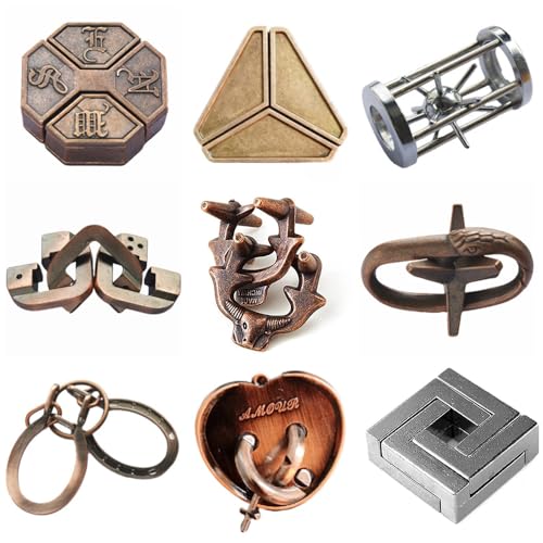 Vmxlso 9 Piezas Rompecabezas Metal, Rompecabezas Adultos Metal, Rompecabezas Niños Metal, Juegos de Ingenio Metal Puzzle, IQ Puzzle Metal Juegos de Ingenio para Adultos, Rompecabezas Regalo para Niños