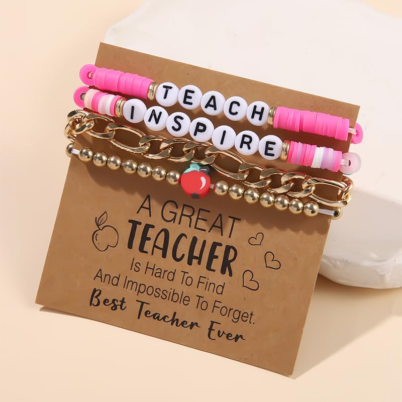 COLORFUL BLING Teacher Appreciation Bracelet Gifts with Card Handmade Love Teach Inspire Letter Bracelets Heishi Surfer Clay Beaded Stretch Bracelet Back to School Graduation Jewelry3