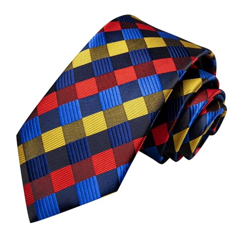 Image of Hi-Tie Mens Plaid Ties Classic Paisley Necktie with Handkerchief Cufflinks Set Business Stripe Tie