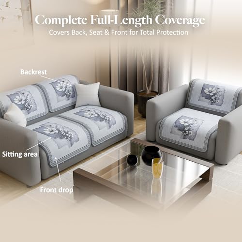 Image of Kuber Industries 2+1 Seater Sofa Cover | Velvet Slipcover for Living Room | Thick & Cozy | Non-Slip Comfort Sofa Cover Set | Pyramid Flower 560 - Grey & White