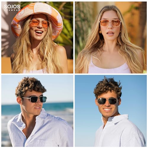 SOJOS Retro Polarized Square Sunglasses Womens Men Vintage Double Bridge Metal Frame UV Protection Sun Glasses SJ12462