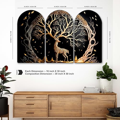 Image of Livin'luxe Golden Deer Arch Shape Wall Painting Set of 3 | Luxury MDF Panel Art with HD Textured Print | Modern Living Room, Bedroom, Hall & Home Decoration Wall Frame (30 x 50 Inch) RPNL-35378