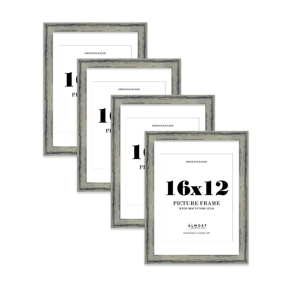16x12" Distressed Green Picture Frame with 12x10" Mount - Industrial Photo Frame with Distressed Finish, Wall Hooks, 32mm Edge - 4 Pack