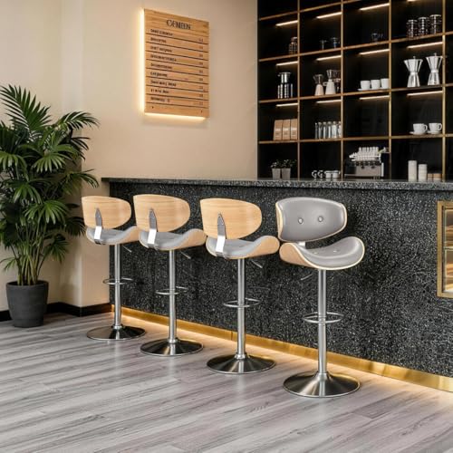 Image of Adjustable Swivel Bar Stools Chair,Counter Height Bar Stools with Back,350 LBS PU Leather Bar Stool for Kitchen Island,Upholstered Pub Stools with Footrest (Grey, Set of 4)