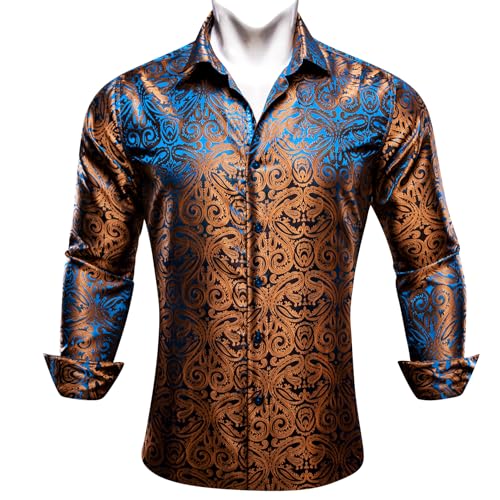 Barry.Wang Men's Dress Shirt Paisley Silk Long Sleeve Button Down Shirts Formal Wedding Regular Fit Tops Disco Party2