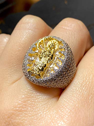 SANTA MUERTE Iced Death Reaper Pinky 14k Gold Finish CZ Iced Out Ring for Men Hip Hop - MEN'S CZ RING, PERFECT RING, WEDDING RINGS, PROMISE RING, CZ ENGAGEMENT RING, WEDDING BANDS Size 6-102