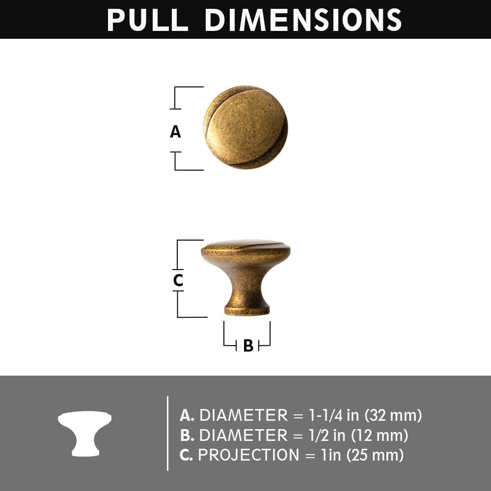 Antique Brass Cabinet Handles, Rustic Refinement Drawer Pulls for Kitchen, Cabinet Hardware for Bedroom, 1-1/4 Inches Diameter Knobs, 6 Pack