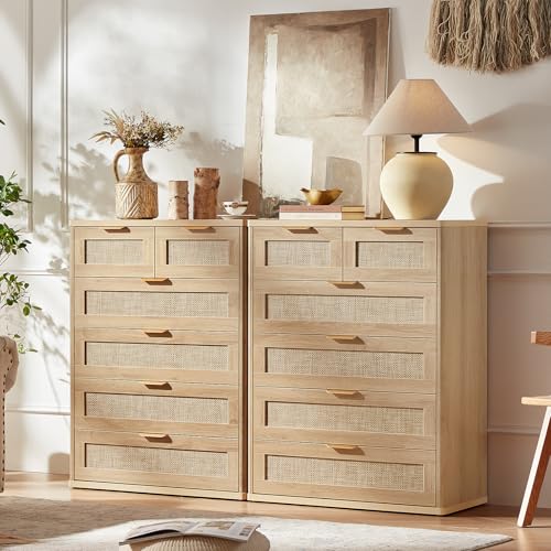 Image of LEYAOYAO Rattan Dresser for Bedroom, 41 inch Tall Chest of Drawers, Modern 6 Drawers Boho Dressers with Storage, Light Oak Dresser Wooden Closet Organizer for Living Room, Hallway, Natural Wood
