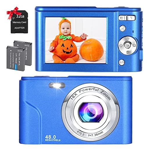 Digital Camera, FHD 48.0 MP Vlogging Camera Mini Camera Kids Camera Video Camera Pocket Camera with 32GB TF Card Autofocus 16X Digital Zoom, Compact Portable Camera for Kids Students Teenager-Blue