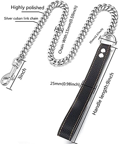 3/4/5FT Strong Dog Chain Leash Silver Cuban Link Training Leash Width 10mm/14mm Waterproof Chew-Proof Stainless Steel with Genuine Leather Handle Leash for Small, Medium Large Dogs(14mm,4FT)
