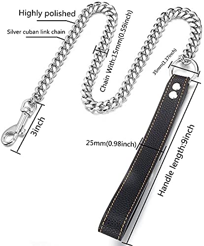 Guinzaglio a catena per cani da 0,9 m, colore argento, con maglie cubane, larghezza 10 mm/14 mm, impermeabile, a prova di masticazione, in acciaio inox, con manico in vera pelle, per cani di
