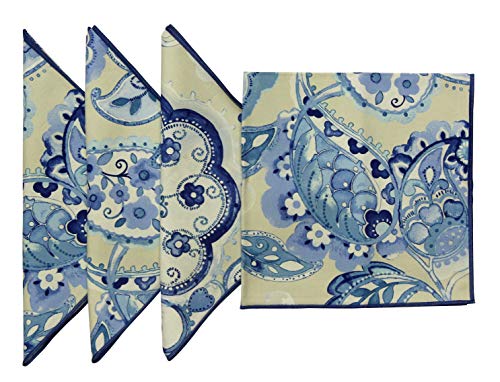 18”X18 Cotton Printed Blue Paisley & Floral Design Fabric Napkins, Set Of 4 #TOP4