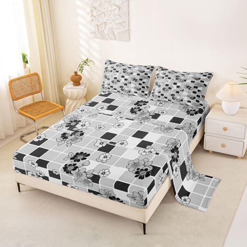 Homemissing Juego de sábanas de cuadros de flores, tamaño individual, juego de cama de cuadrícula geométrica de ajedrez con bolsillo profundo, sábana bajera ajustable con estampado floral botánico