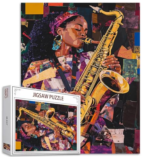Rock and Roll Woman Rompecabezas de 1000 Piezas para Adultos con Pintura de Mujer Negra Tocando Saxofón miniatura 1