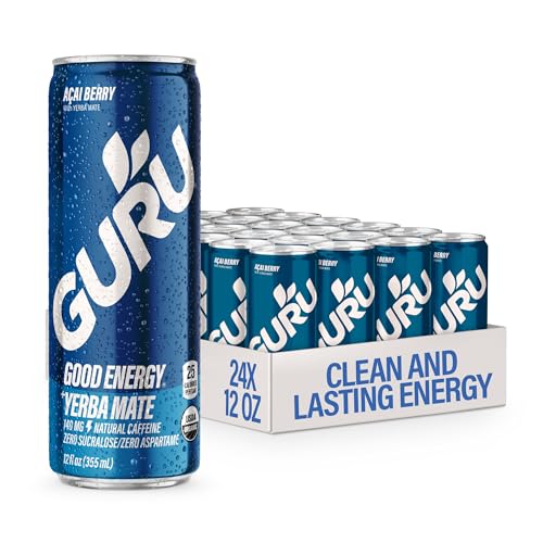 Image of GURU Energy Drink, Organic Sparkling Energy Drink with Yerba Mate & Green Tea, 140 MG Natural Caffeine for Workouts, Performance & Midday Boost, Gluten Free, Vegan, Acai Flavor, 12 Fl Oz, 24 Pack