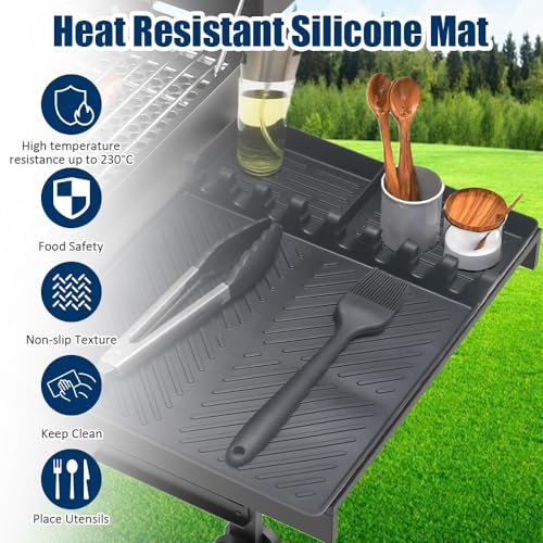 Silikon-Grillwerkzeug-Matte, 40.5×29.5cm Grill-Seitenablagematte, Silikon-Grill-Werkzeugmatte mit Abtropf-Pad, für Gewürze, Flaschen und Grillwerkzeuge, Hitzebeständig und Leicht zu Reinigen