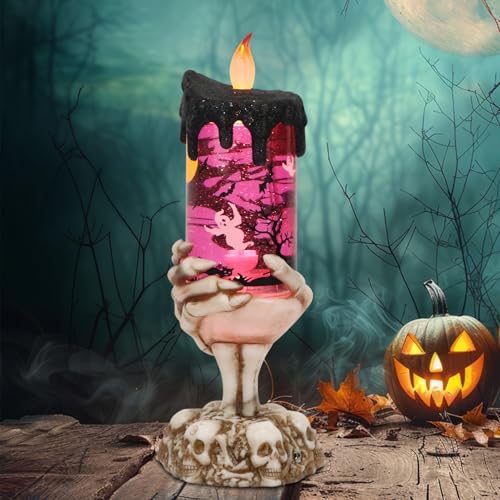 Image of Halloween Snow Globe Flameless Candle with Timer, Battery Operated Tornado Lamp Skeleton Hand Candle Holder Purple Light Glittering Spinning Water Halloween Table Decor(Ghost, 4 inch x 10 inch)