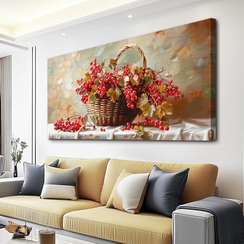 hyidecorart Rustic Dining Room Artwork For Walls Large Canvas Print Wall Art Still Life Bamboo Basket And Fruit Vintage Wall Decor Pictures For Living Room Farmhouse Kitchen Bar Office Posters 24x48