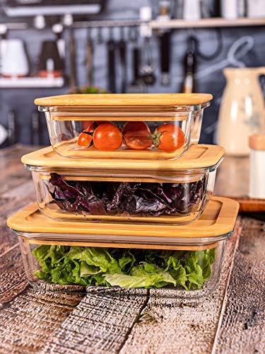 Image of Goodhomes Rectangular Glass Food Storage Containers with Air Tight Wooden Lid Set of 3-360ml, 580ml, 900ml