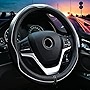 Valleycomfy Steering Wheel Covers Universal 15 inch - Genuine Leather, Breathable, Anti Slip & Odor Free (White Line, M(14' 1/2-15' 1/4))