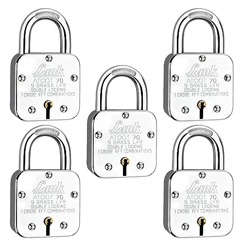 Image of Link Atoot 70mm Padlocks 5Pcs Set | 1 Crore Key Combinations | Stainless Steel Body | Hardened Shackle | 9 Brass Lever | Made in India | 3 Keys for Each Padlock