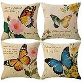 ULOVE LOVE YOURSELF Butterfly Pattern Throw Pillow Covers Vintage Style Home Decorative Cushion Cover Yellow&Pink Flowers Pillowcase 18
