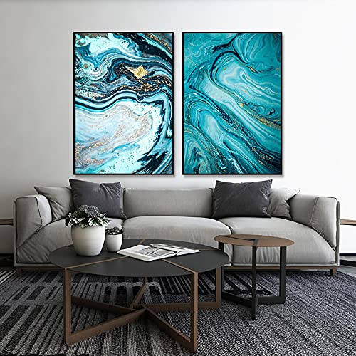 Toile murale salon moderne lot de 2 tableaux abstraits mer nordique feuille d'or grand format